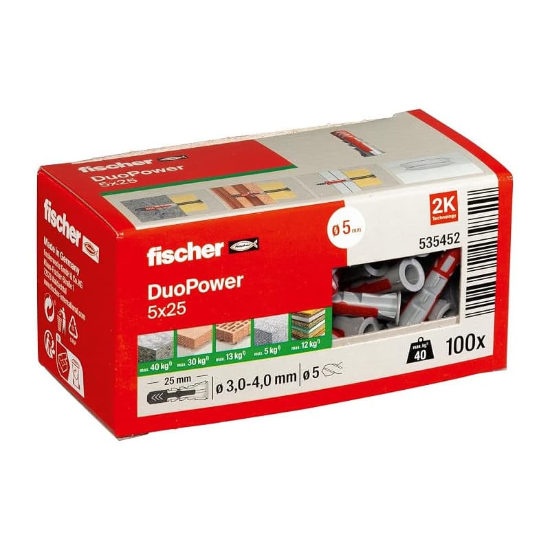 fischer - Cheville bi-matière et multi-matériaux DUOPOWER 5x25 / Boîte de 100 | Cheville bi-matière DUOPOWER