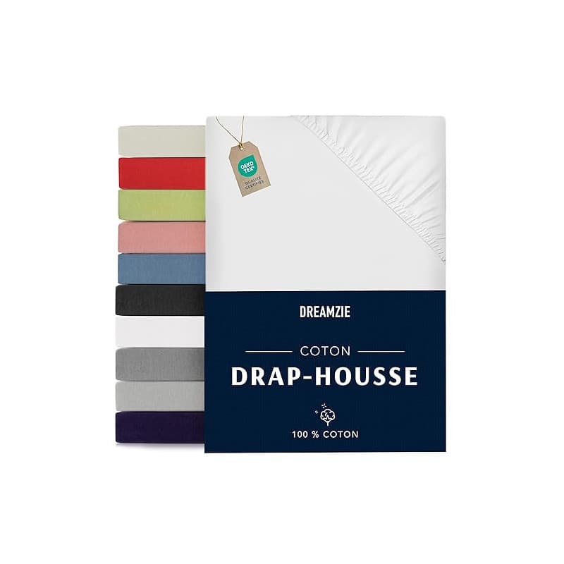 Dreamzie - Drap Housse 140x190/200 - Blanc - 100% Jersey Coton Certifié Oeko Tex - Drap-Housse 140x190/200