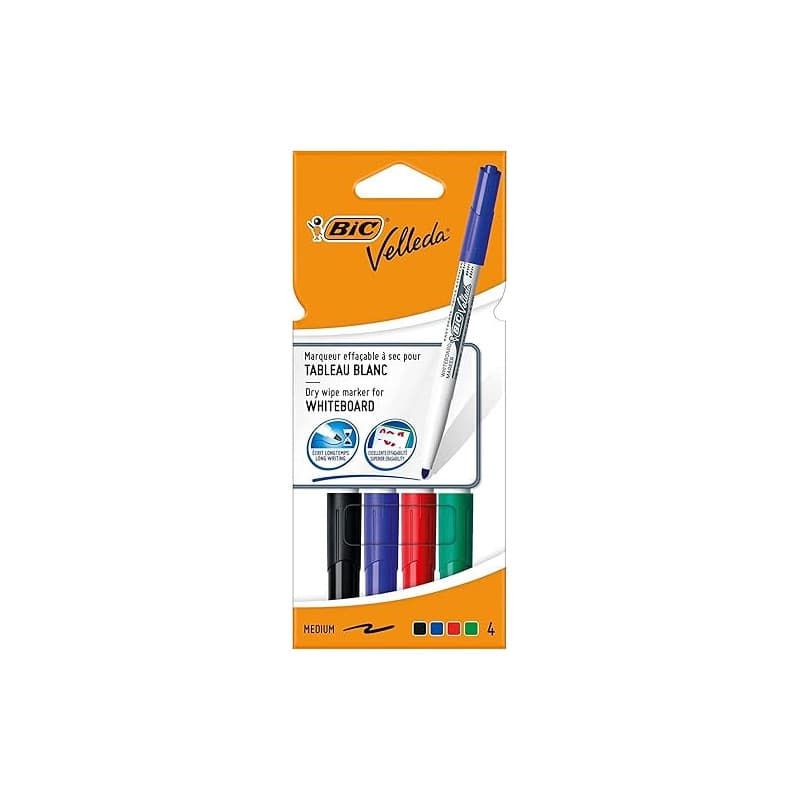 BIC Velleda 1741 Feutres pour Tableau Blanc Effaçables à Sec Pointe Conique Moyenne - Couleurs Assorties, Pochette de 4