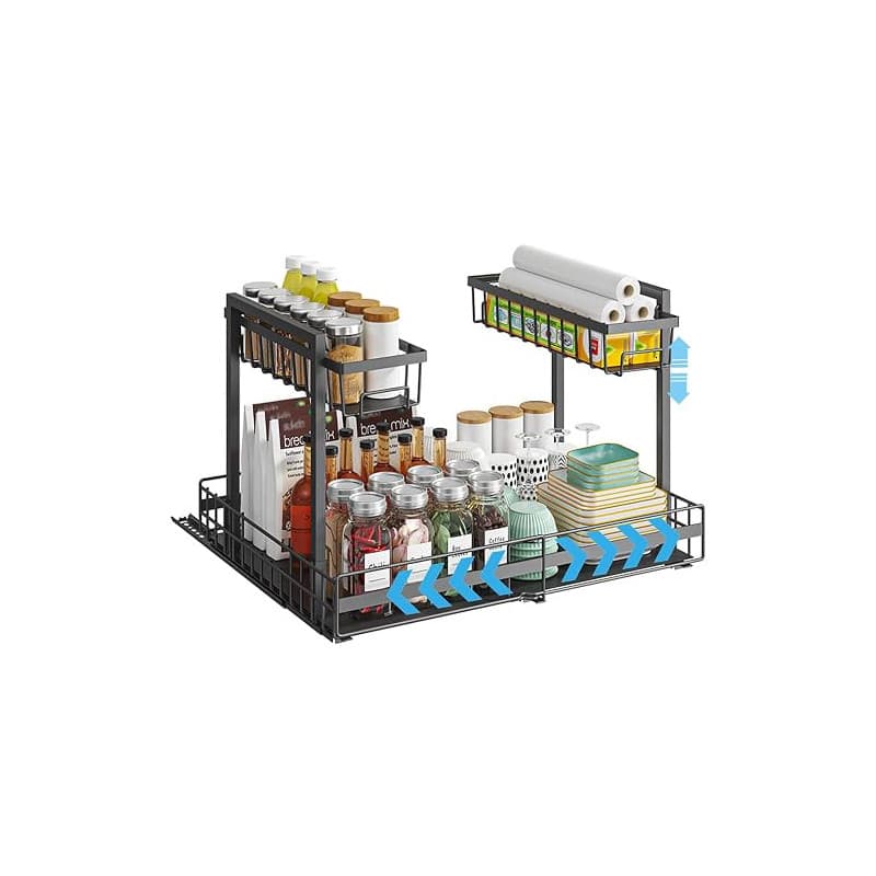 YunNasi 2 Étage Rangement Sous Evier Cuisine Coulissant, Noir | Organisateur Sous Évier pour Salle de Bain, Armoire, Placard, Ra