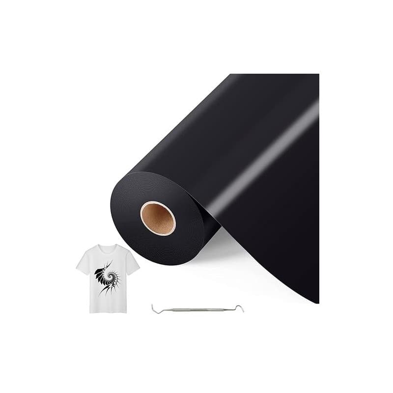 Bocguy Rouleau Vinyle Thermocollant Noir pour Tissus 30,5 CM X 10 M avec Outil Désherber, Flex Thermocollant pour Tissus, Cricut