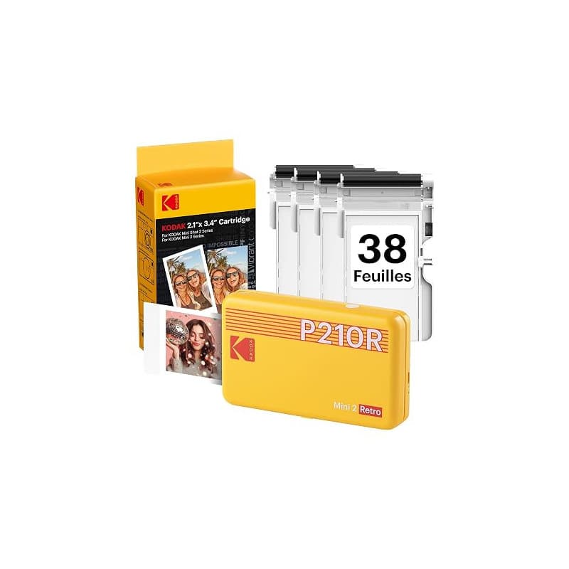 KODAK Mini 2 Retro Imprimante Photo Portable 5 x 7,6 cm, 4PASS, 38 Feuilles, Jaune
