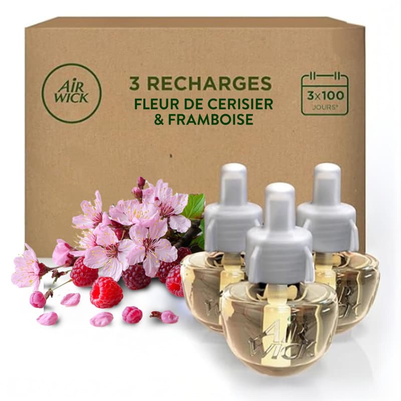 Air Wick Desodorisant Maison Recharge Diffuseur Electrique Fleur de Cerisier et Framboise - 3 x 19 ML