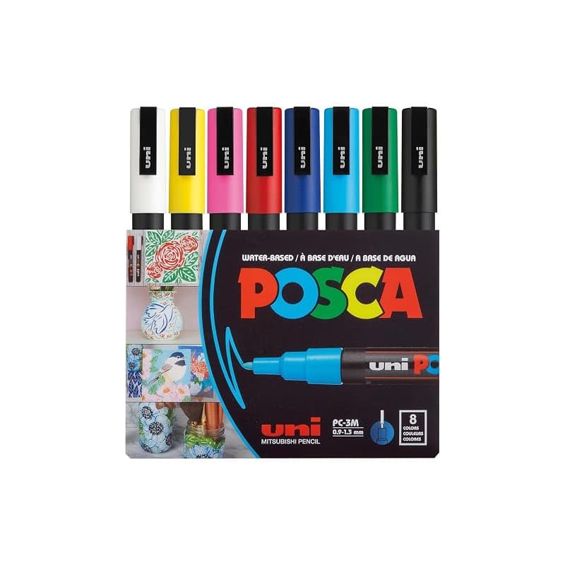 Marqueur Uni-Ball Posca PC3M pointe ogive 0,9 à 1,3 mm couleurs assorties - Etui de 8 | Marqueurs de couleur à encre à base d’ea