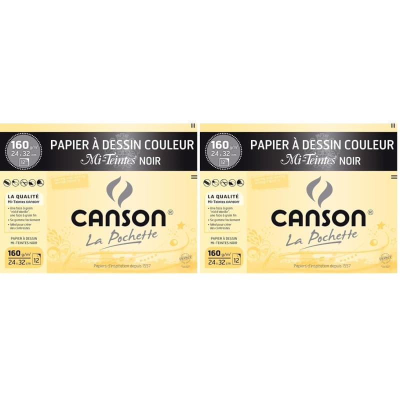 CANSON Mi-Teintes - Pochette 12 feuilles de papier dessin noir 24x32-160g/m²