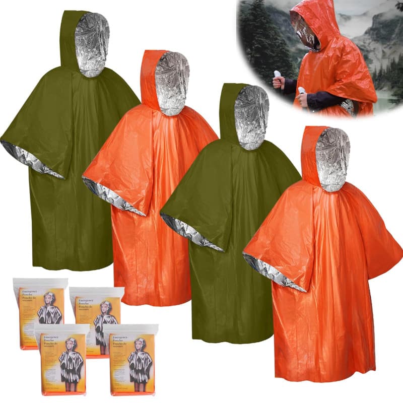 Editbar Lot de 4 ponchos de survie urgence, poncho de pluie urgence, couverture de sauvetage, sac de couchage, couverture thermi