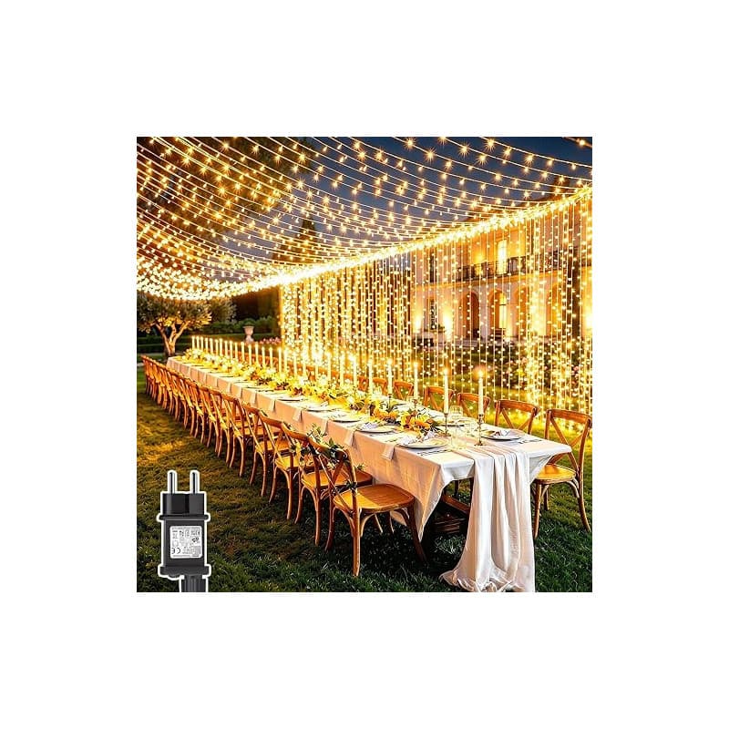 Dekofun 6Mx3M 600 LED Rideau Lumineux avec Transformateur, Blanc Chaud | Minuterie, 8 modes lumineux variés et IP65 étanche, gui