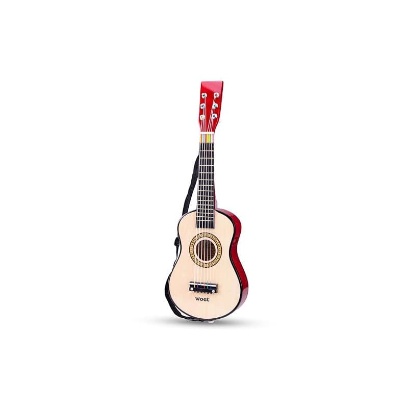 Woet® Guitare Jouet Naturelle en Bois pour Enfants, 6 Cordes en Nylon avec Sangle, Corde de Rechange et Livret Musical Coloré av