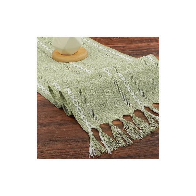 BSBUY 33cm*183cm Chemin de Table Bohème avec Glands et Macramé, Mode Chemin de Table Boho Vert, Chemin de Table Rustique de Ferm