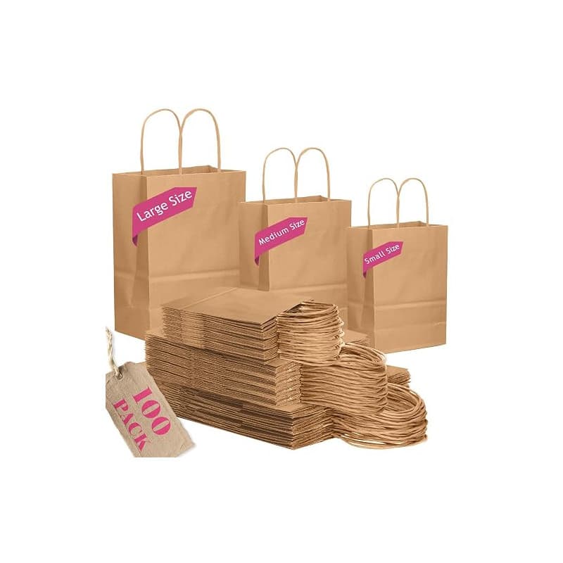 Gcardist Lot de 100 sacs en papier brun avec poignées, différentes tailles (grandes, 33 unités, moyennes, 33 unités, petites, 34