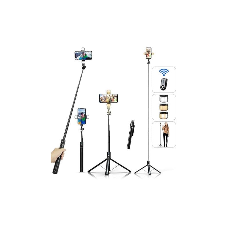 Perche à Selfie Trépied pour Smartphone - ASHINER 180cm Hauteur Support de Téléphone avec Télécommande et Lumières LED pour Voya