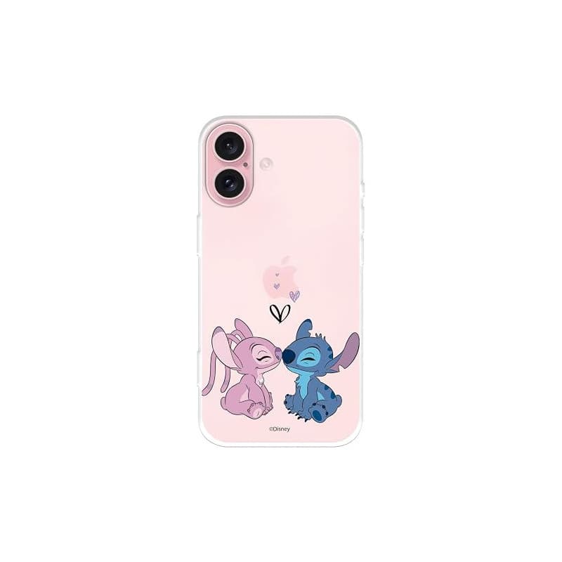 Coque compatible avec iPhone 16, coque officielle Disney Angel & Stitch Kiss, pour protéger votre téléphone portable, transparen