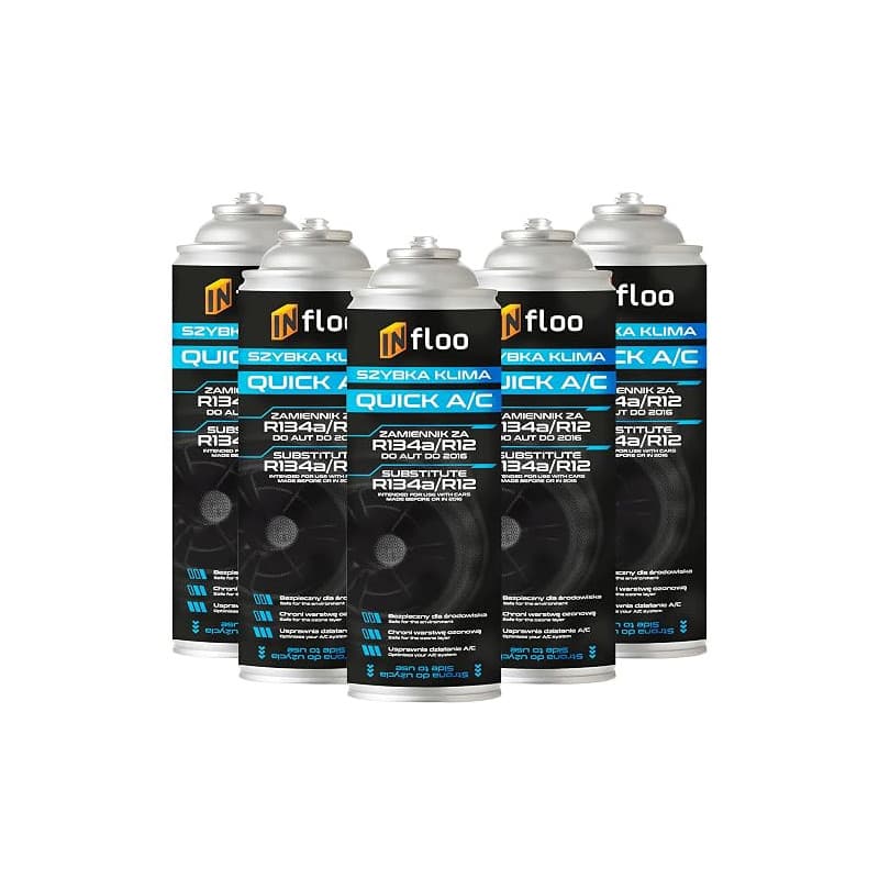INfloo Quick A/C – 5x Gaz Réfrigérant R134a (5x185g – 1,73L) avec Valve Anti-retour + Gants | Pour véhicules jusqu’à 2016 | Remp
