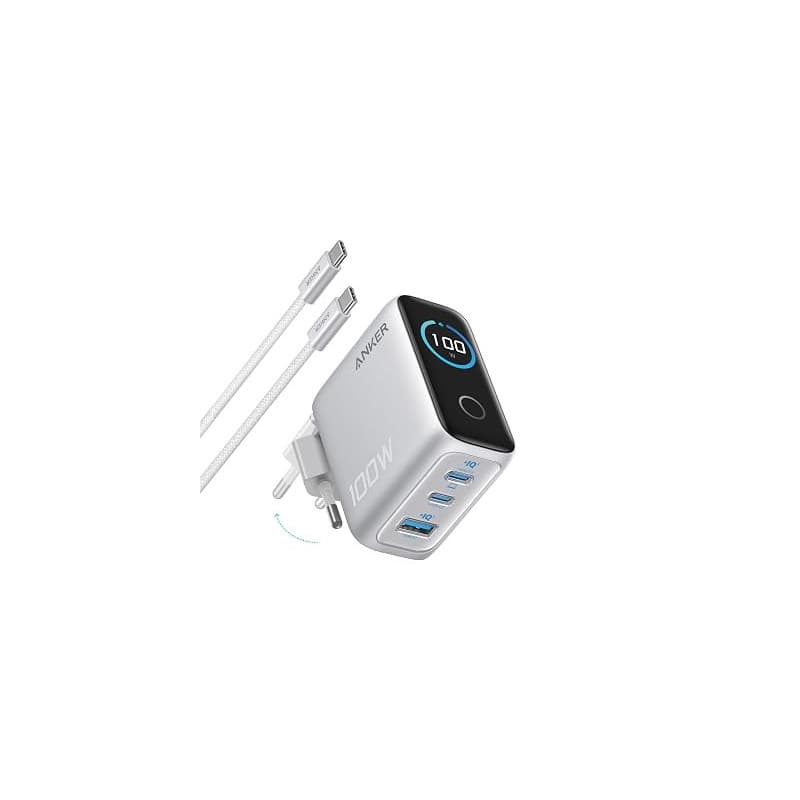 Anker Chargeur USB C 100W Max 3 Ports | Adaptateur Mural GaN Ultra-Compact, Écran Intelligent, Contrôle Tactile, pour MacBook, i