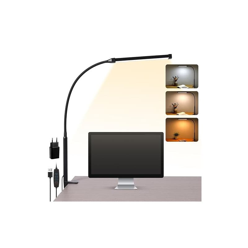 LIBORA Lampe de bureau LED à pince, USB Lampe bureau, noir | 3 modes et 10 niveaux de luminosité, lumière du jour, protection de