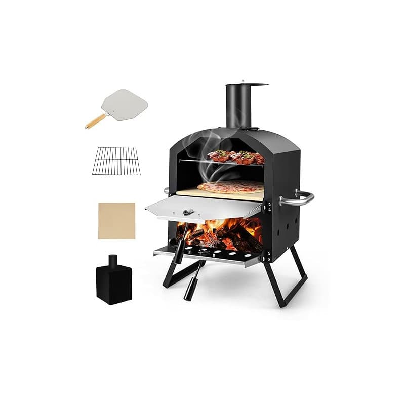 GYMAX Four à Pizza Extérieur Mini au Bois avec Pierre à Pizza, Pelle à Pizza, Jambes Pliantes et Poignées Portables, Ventilateur