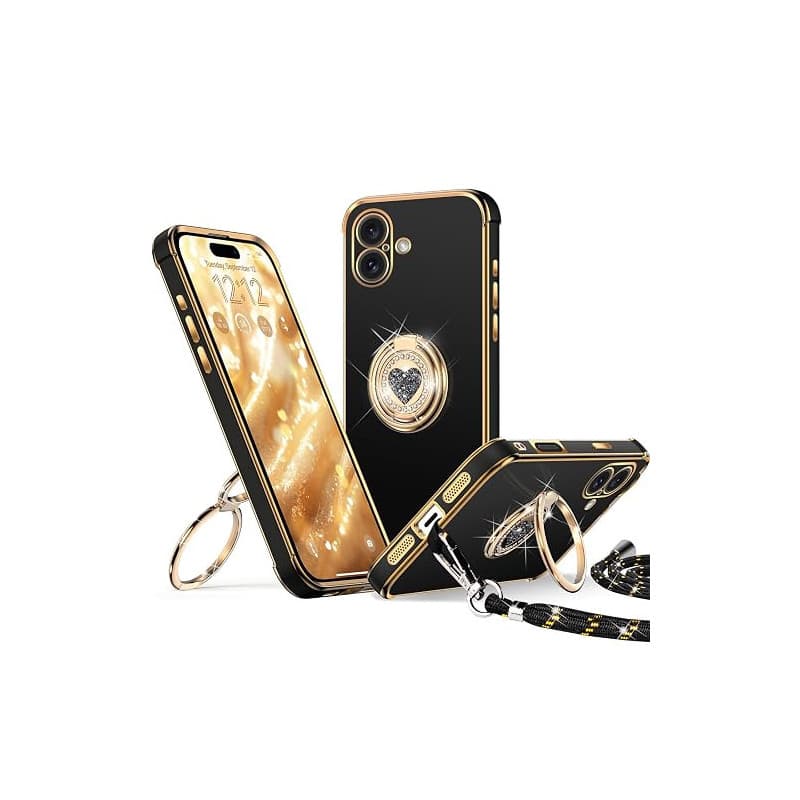 XYZ Coque pour iPhone 16 avec Cordon, Noir | Double Anneau de Support Cœur, pour Filles et Femmes, Coque de Protection de Luxe M