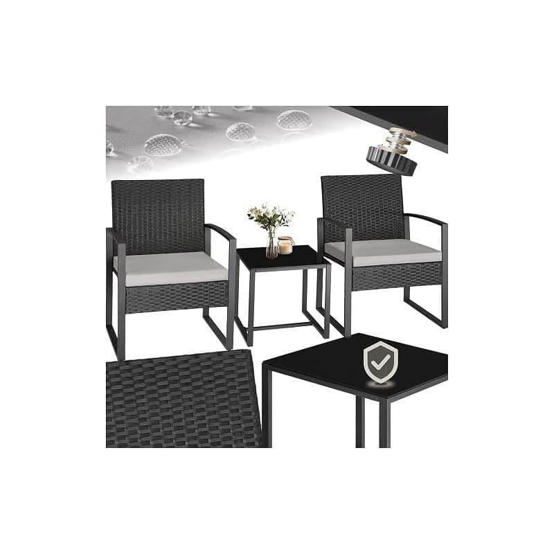 tectake® Ensemble Salon de Jardin Exterieur 2 Chaise Confortable avec Table de Jardin en Poly Rotin et Acier, Mobilier de Jardin