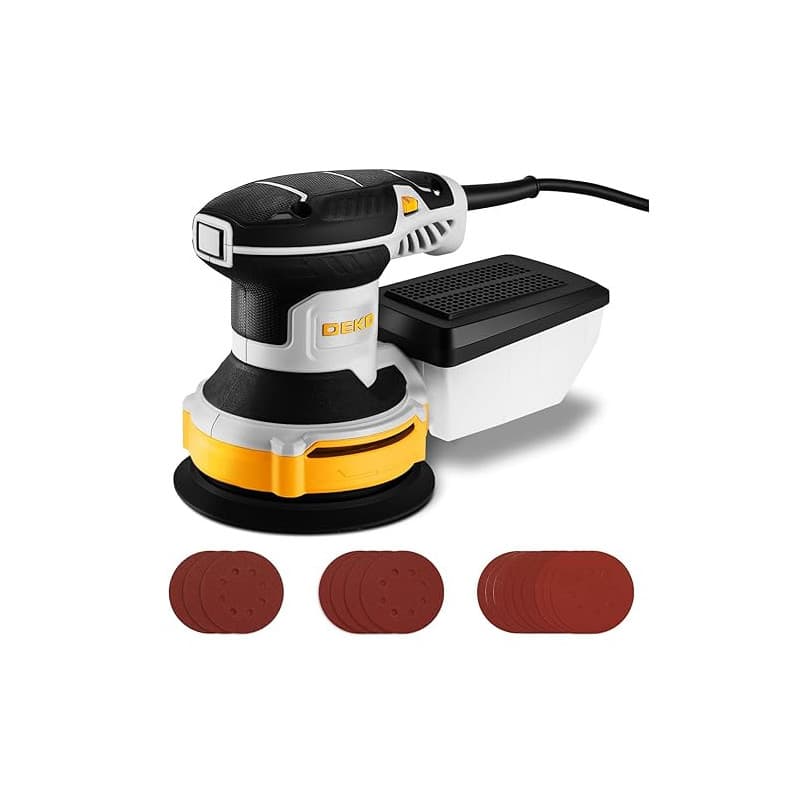 DEKOPRO 300W Ponceuse Orbitale Excentrique, 6 Vitesses, 14000RPM, Papier Abrasif 16 Pièces, Patin de Ponçage 125mm, Collecteur d
