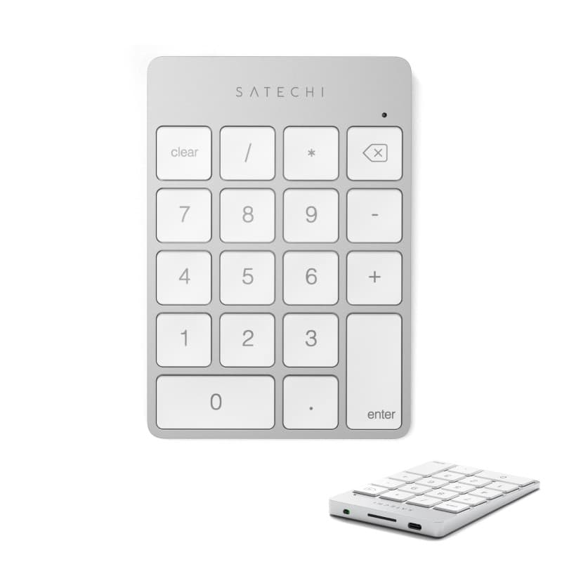 Satechi Pavé Numérique sans Fil Slim, 18 Touches, Argent | Layout US, Bluetooth, en aluminium, recharge USB-C, pour MacBook, PC