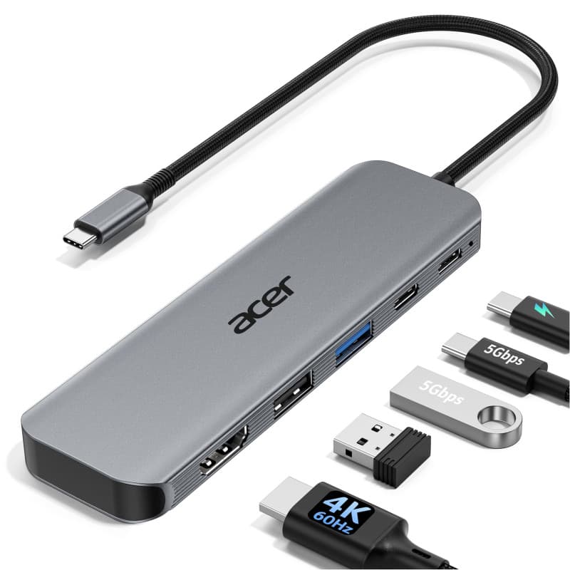 Acer Hub USB C HDMI 4K@60Hz 5 en 1,Adaptateur USB-C vers HDMI | USB A 3.0 et USB-C 5 Gbps, Charge PD 100W, Aluminium+Nylon pour