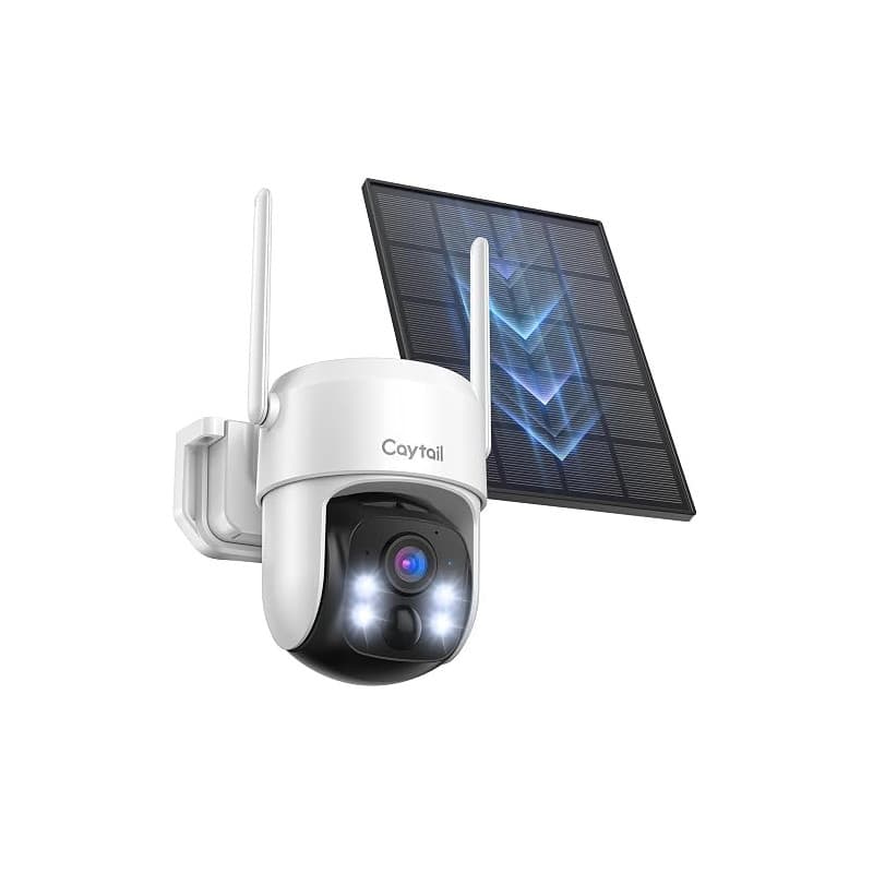 Caytail 2K Camera Surveillance WiFi Exterieure sans Fil avec Panneau Solaire, 360° PTZ Camera Exterieur Batterie, 2.4Ghz, PIR Dé