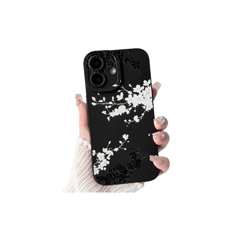 NITITOP Coque pour iPhone 16 Fleur Cerisier Motif, Noir Blanc | Aesthetic Floral Imprimé, Mignon et Esthétique, pour Femmes Fill