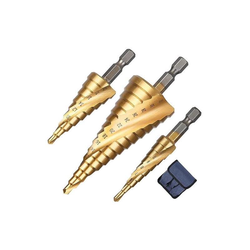 flintronic 3PCS Foret Étagé Rainuré en Spirale, 4-12/20/32mm Fraise Meche Etage Metal Acier Rapide Revêtu de Titane HSS pour Per