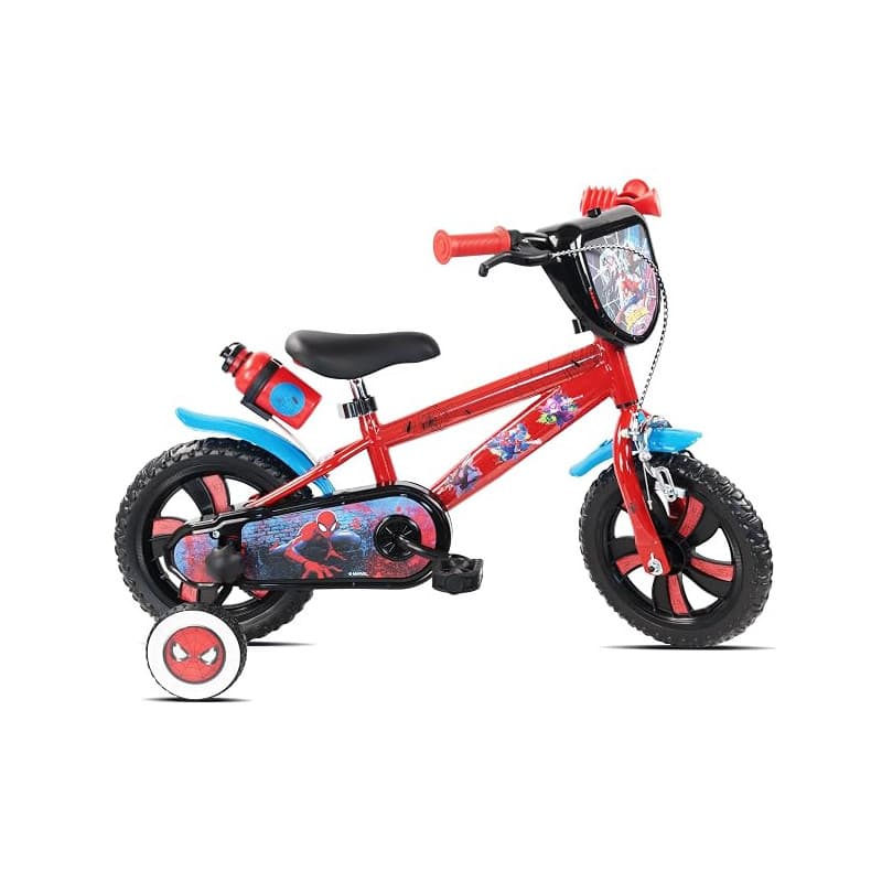 Vélo 12" Spiderman de Marvel/Disney - 1 Frein - Pignon Fixe - Pneus Increvables EVA - Roues Bâtons - Plaque - 2 Stabilisateurs -
