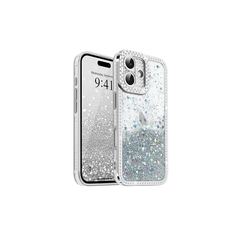 Ethanger Coque pour iPhone 16 Transparente, Argent | Glitter Cœur Paillettes avec Cristal de Luxe Brillant Diamants Coque pour F