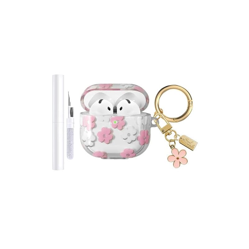 AIIEKZ Compatible avec Coque AirPods 4 2024, Coque en TPU Souple avec Motif Floral pour AirPods 4ème Génération, avec Porte-clés