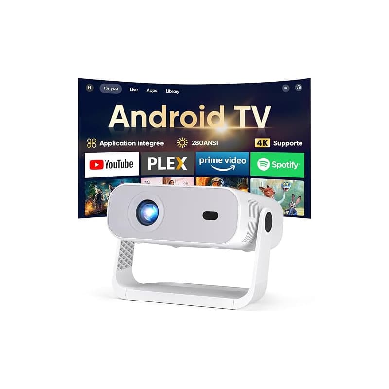 Videoprojecteur Intelligent Applications Intégrées, Rétroprojecteur 1080P Supporte 4K, WiFi 6 Bluetooth 5.2, 280 ANSI, Correctio