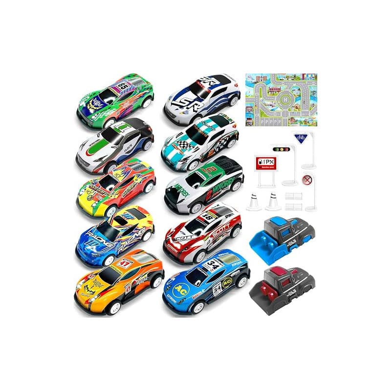 TOYABI Coffret Petite Voiture Enfant, 10 Petites Voitures Jouets avec Catapulte & Tapis de Jeu, Lot Voitire Miniature en Métal 1