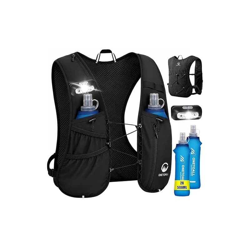 ONETOALL Gilet Hydratation Running Femme - 2 Gourdes Souples 500ml + Lumière LED, Sac de Course à Pied Léger pour Homme, Maratho