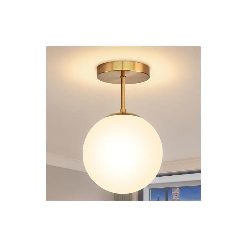 Plafonnier en Verre Suspendu, E27 Doré Lustre Abat-Jour Globe Blanc, D20CM | Plafonnier Salle de Bain IP44 Étanche, Lampe de Pla