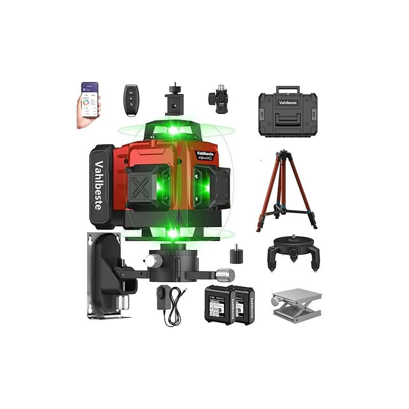 Vahlbeste Niveau Laser avec Trepied 4 x 360°, 4D 16 Lignes Laser Chantier avec 2 x 4800mAh Batterie & Affichage LED, Niveau Lase