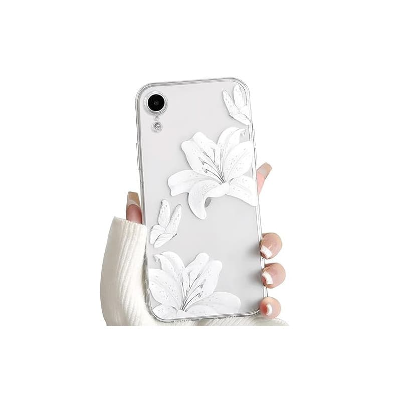 NITITOP pour iPhone XR Coque Coque Transparente Fleur Lys, Blanc | Mignon Floral et Papillon Motif, pour Femme Fille, avec Prote