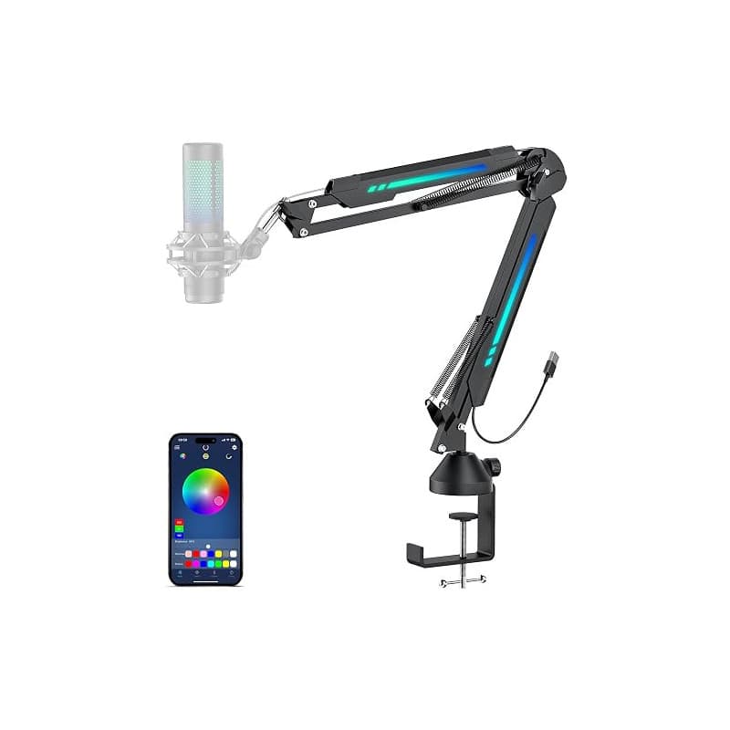 TONOR Bras de Micro de Gaming avec RGB, Bras de Microphone avec Pince de Montage de Bureau, Contrôle par App Mode RGB, Adaptateu
