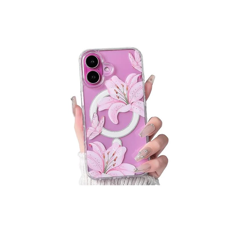 NITITOP Magnétique Coque pour iPhone 16 Plus Fleur de Lys, Rose | avec Motif Floral et Papillon, pour Femme Fille, Compatible av