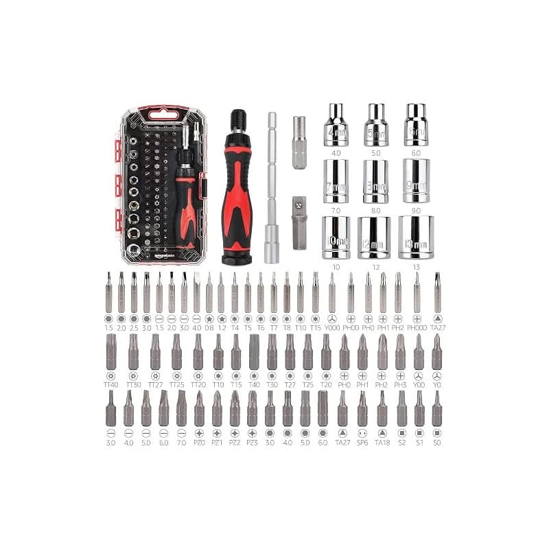 Amazon Basics Ensemble clés magnétiques à cliquet et tournevis de précision pour l'électronique, 73 unité, lot de 1, Argent, Noi