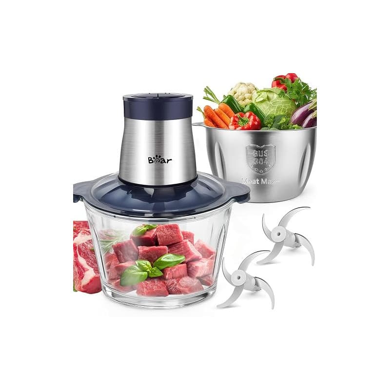 Bear 2L+1.8L Hachoir à Viande Électrique Verre + Acier Inoxydable 600W 2 Vitesses Hachoir avec 4 Lames en Acier Inoxydable et Ha