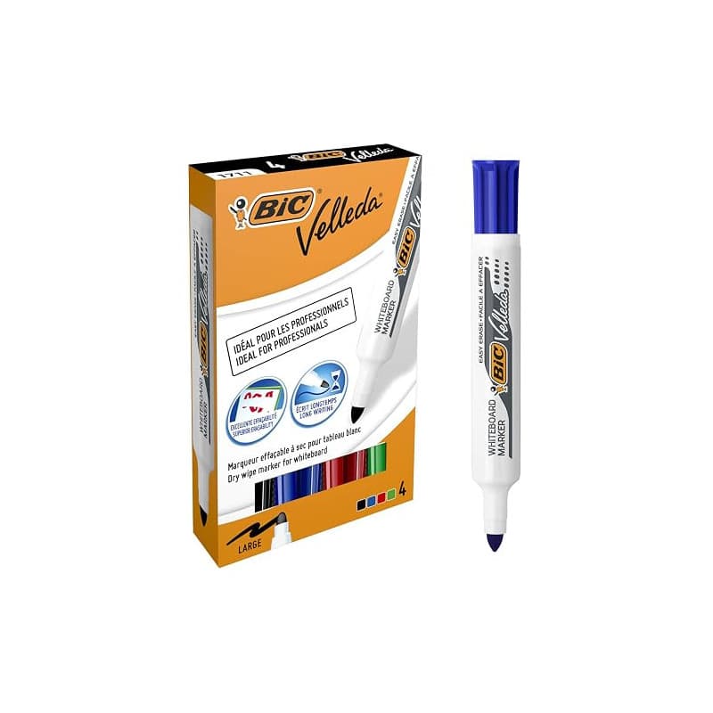 BIC Velleda 1711 Feutres pour Tableau Blanc Effaçables à Sec à Pointe Conique Moyenne - Couleurs Assorties, Etui Carton de 4