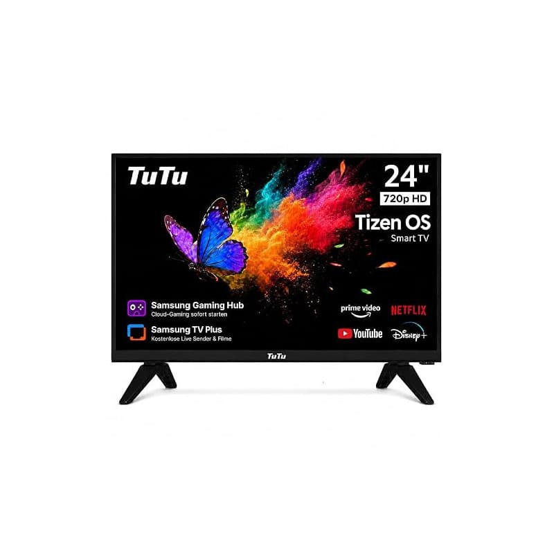 TuTu TU24Q1H-T8 Smart TV 24 Pouces (60 cm), sans Bord Connectée Télévision avec Tizen OS, WiFi, Bluetooth, App Store, AirPlay, T
