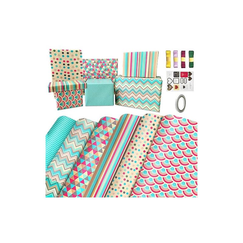 Papier Cadeau Set avec Ruban et Étiquette,Ecologique Papier Cadeaux Anniversaire Feuille,Papier emballage Cadeau,Papier Annivers