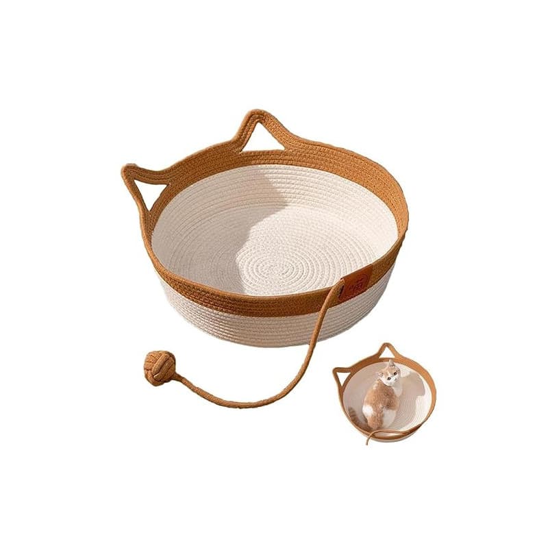 MEISO Lit pour chat intérieur en coton tissé à la main, panier avec queue de jouet, pliable et respirant (M)