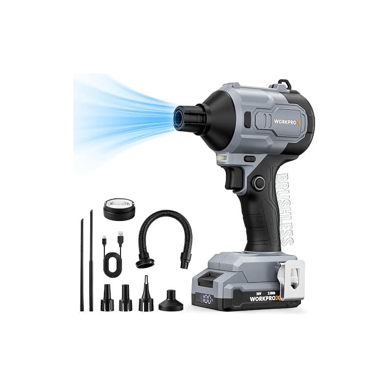 WORKPROX Souffleur à Air Comprimé sans Fil 20V | Souffleur Électrique Rechargeable USB-C, Moteur Sans Balais, 4 Vitesses Réglabl
