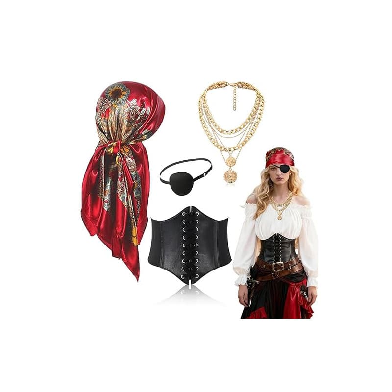 FOUNSHO 4PCS Pirate Accessoires Dames Halloween Carnival Fête Costumes | Deguisement Pirate Femme Noir Bandanas Tête écharpe Imp