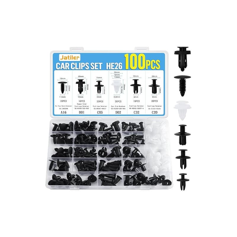 JatilEr 100 Pièces Rivet Clips Voiture Universel, H26 Plastique Rivets Noir | Fixation de Protection, 6 Taille Clips Agrafes Car