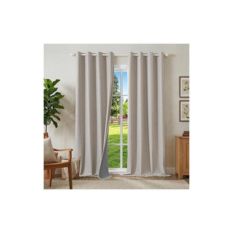 Runyéla 100% Rideau Occultant Thermique Isolant Anti Chaleur 140x280, Lot de 2 Lin Rideaux Fenêtre Opaques à Oeillets Gris Blanc