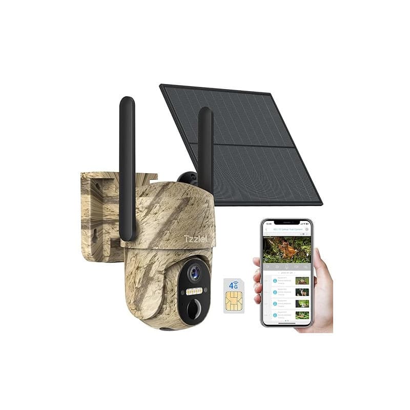 Tzziel Camera de Chasse 4G et Carte Sim,2K Camera Exterieur sans Fil avec Panneau Solaire et Batterie,Détection PIR,Vision Noctu